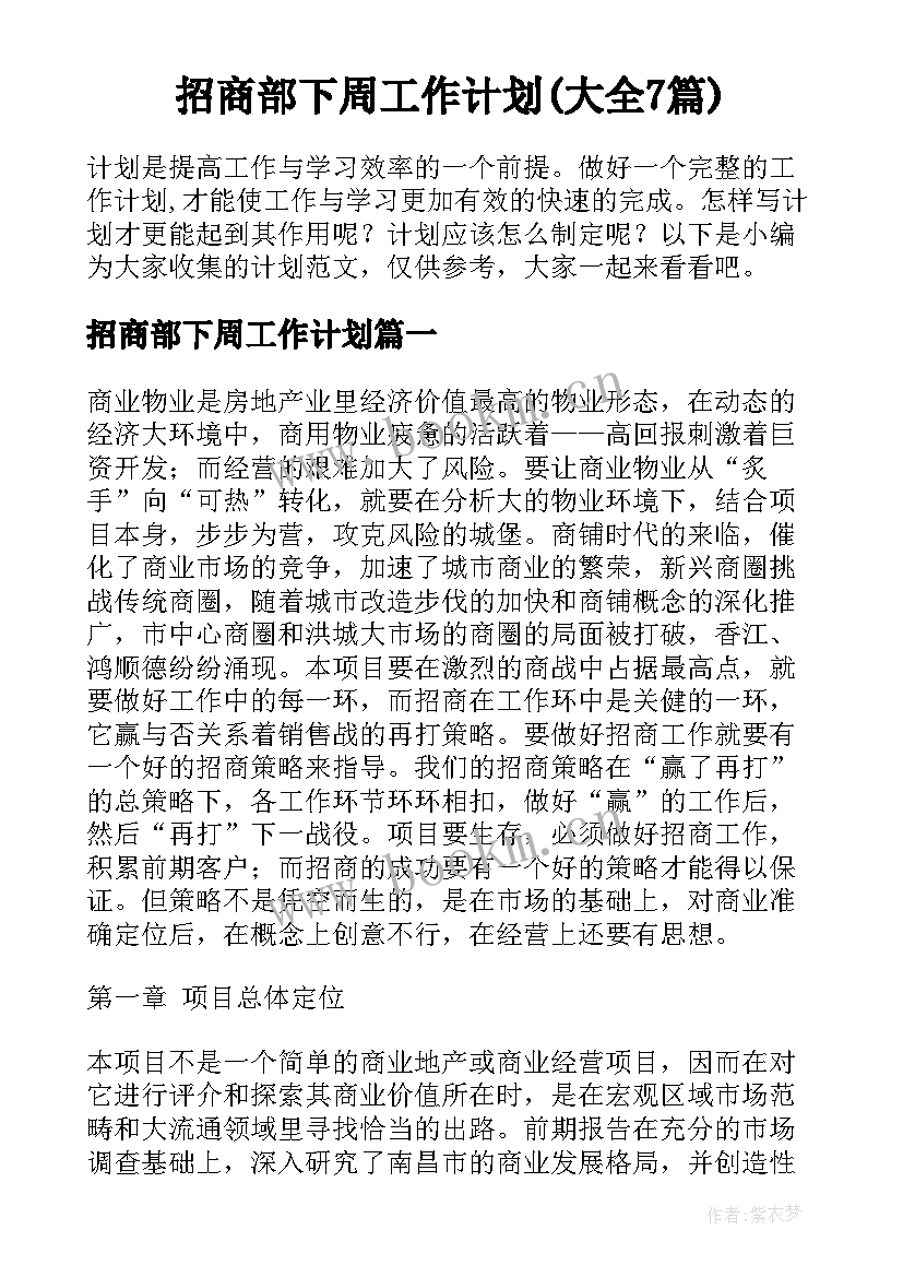 招商部下周工作计划(大全7篇)