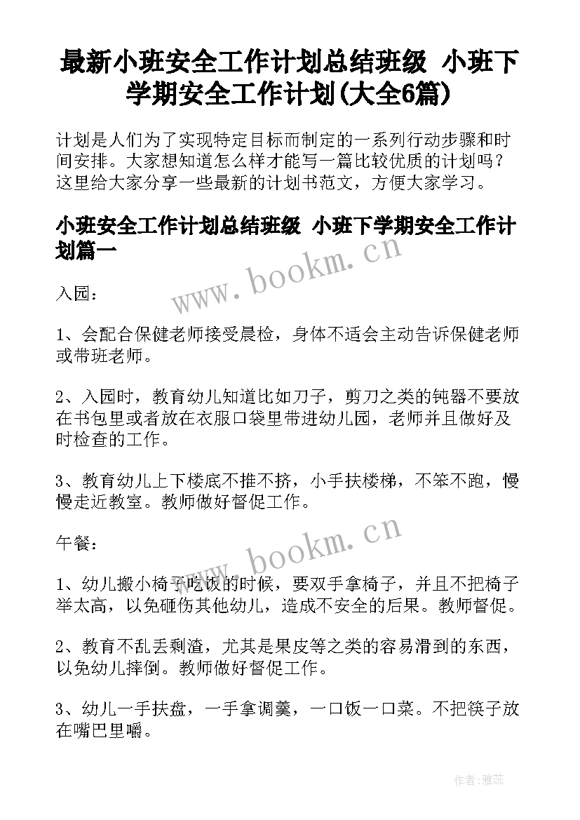 最新小班安全工作计划总结班级 小班下学期安全工作计划(大全6篇)