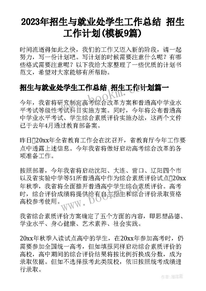 2023年招生与就业处学生工作总结 招生工作计划(模板9篇)