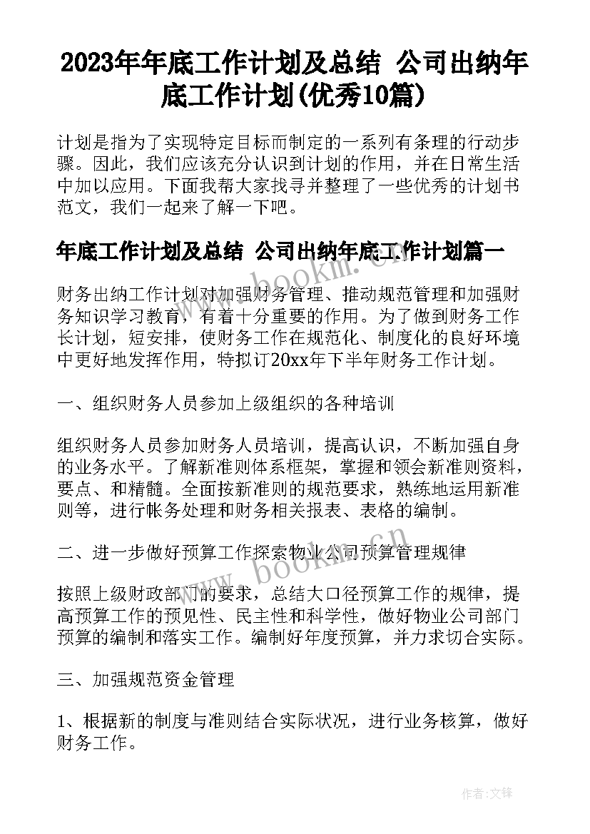 2023年年底工作计划及总结 公司出纳年底工作计划(优秀10篇)