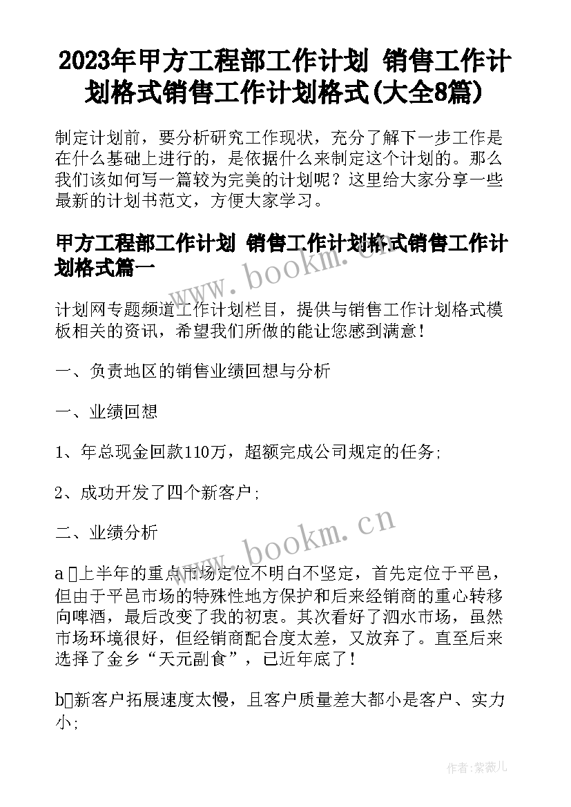 2023年甲方工程部工作计划 销售工作计划格式销售工作计划格式(大全8篇)