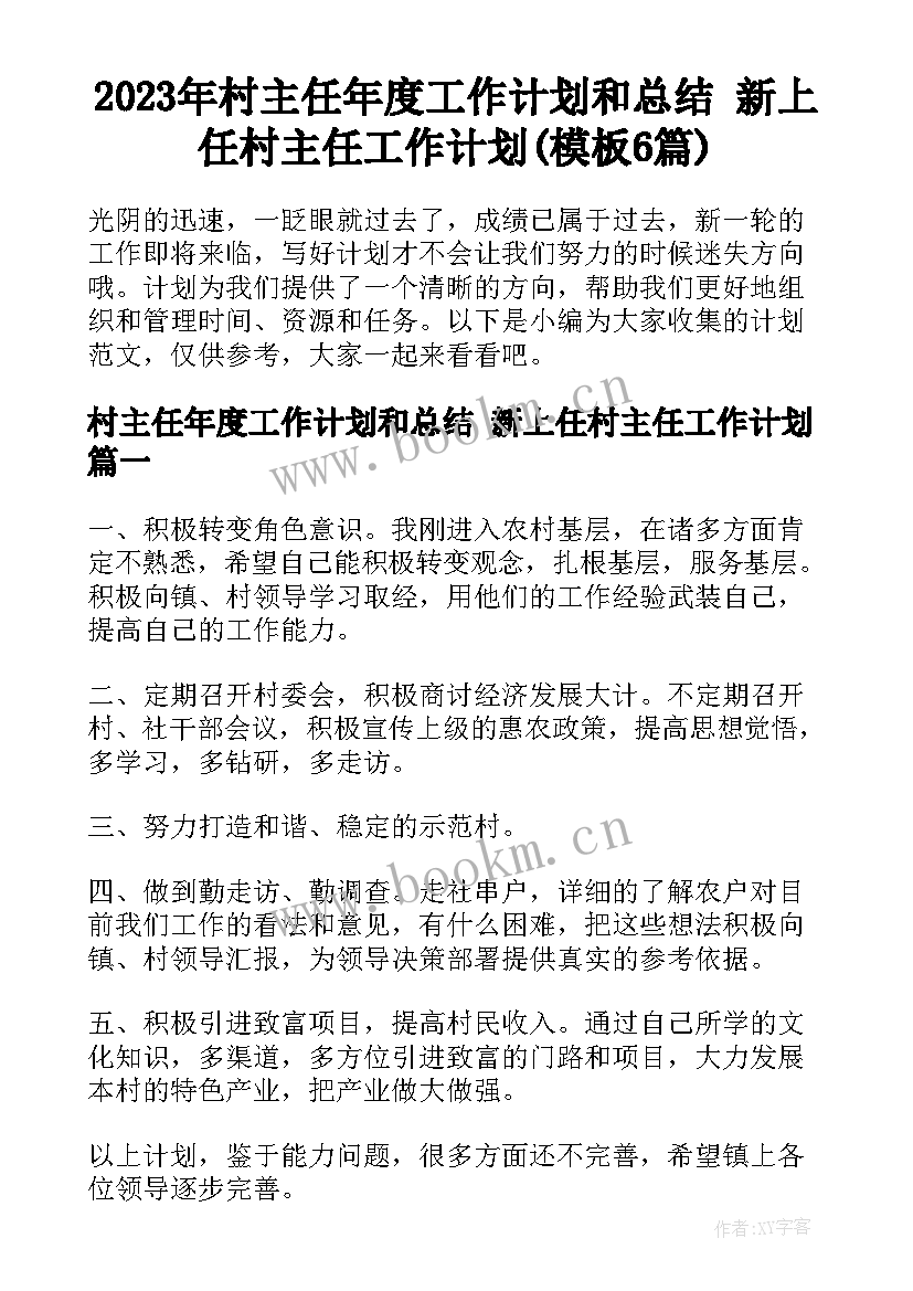 2023年村主任年度工作计划和总结 新上任村主任工作计划(模板6篇)