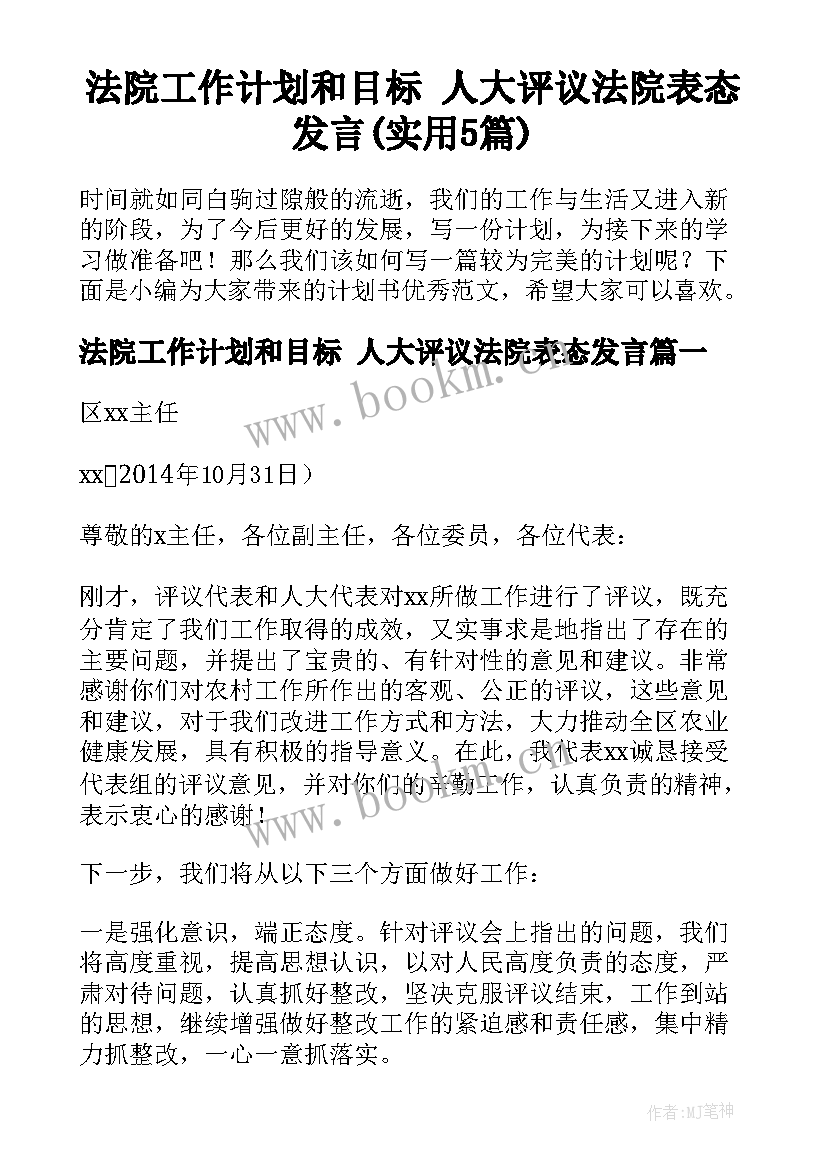 法院工作计划和目标 人大评议法院表态发言(实用5篇)