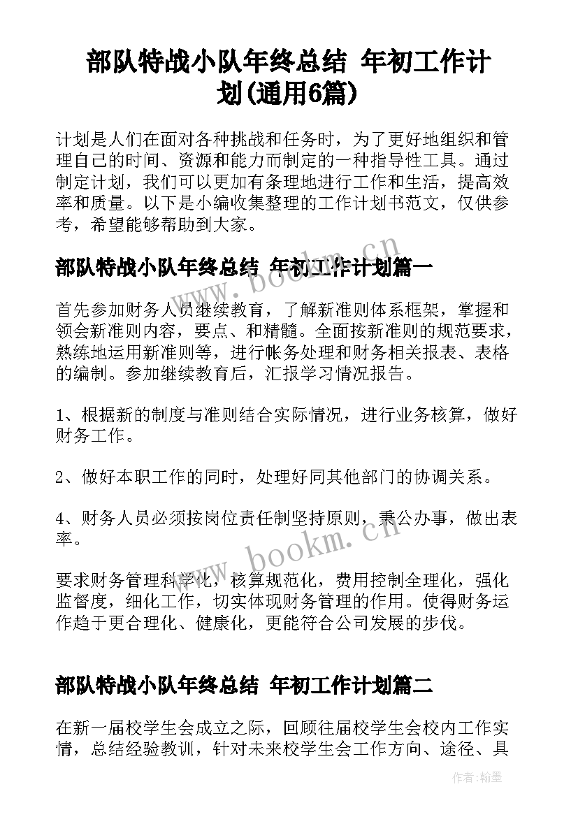 部队特战小队年终总结 年初工作计划(通用6篇)