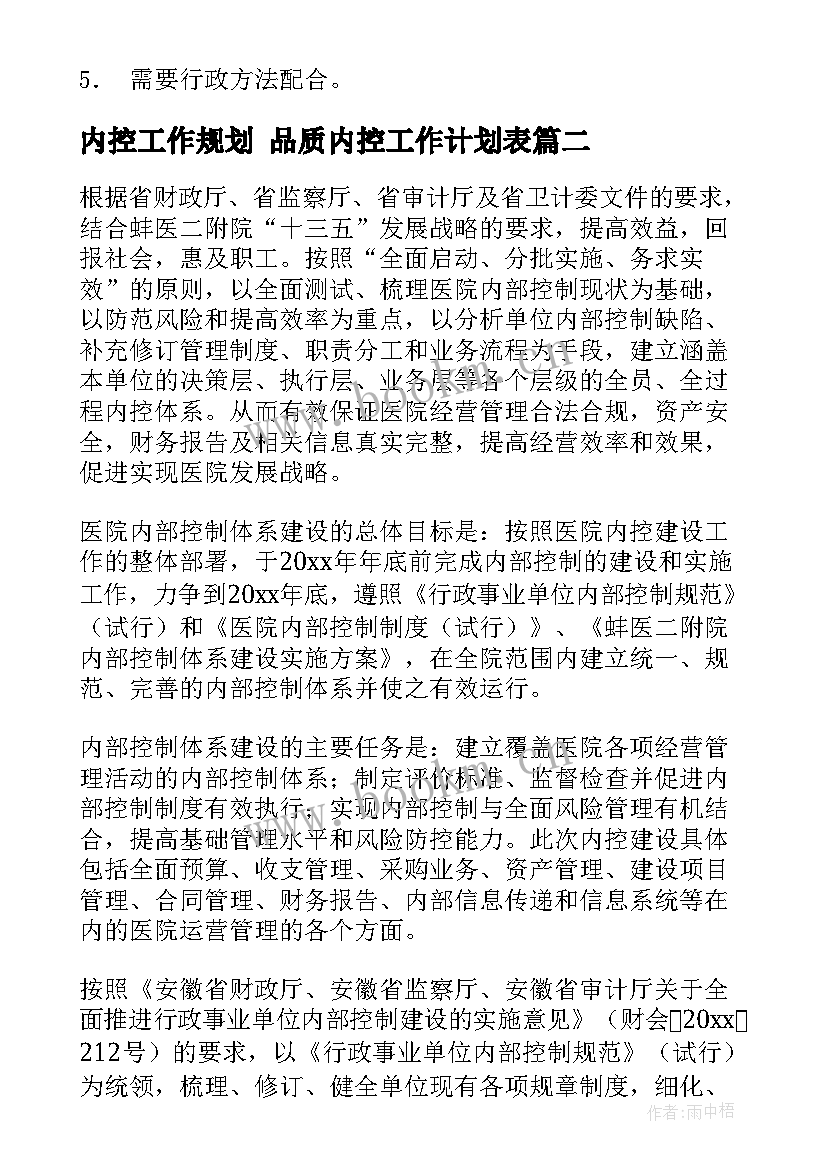 2023年内控工作规划 品质内控工作计划表(大全9篇)