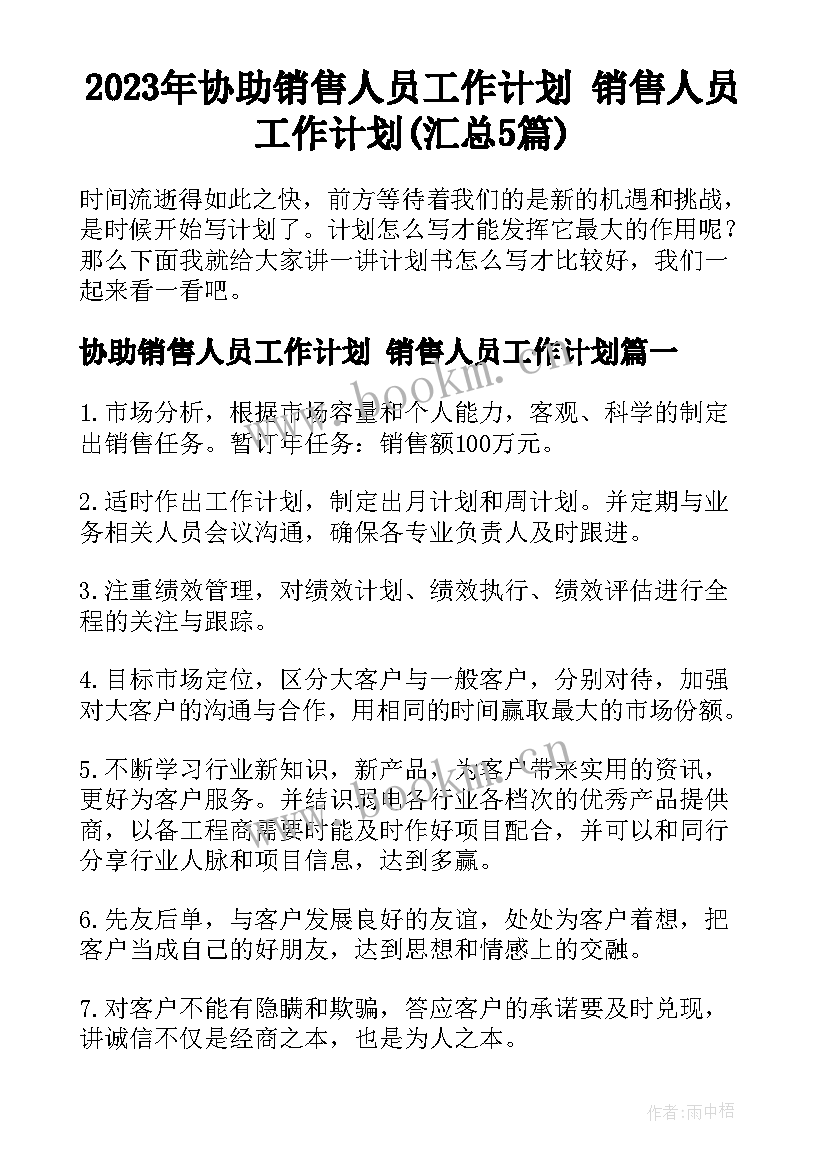 2023年协助销售人员工作计划 销售人员工作计划(汇总5篇)