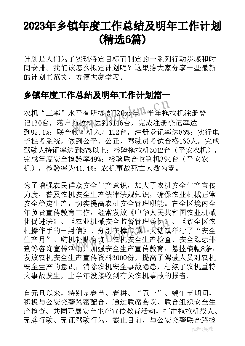 2023年乡镇年度工作总结及明年工作计划(精选6篇)