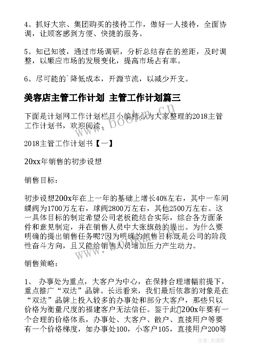 美容店主管工作计划 主管工作计划(大全6篇)