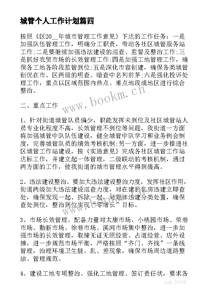 最新城管个人工作计划(精选6篇)