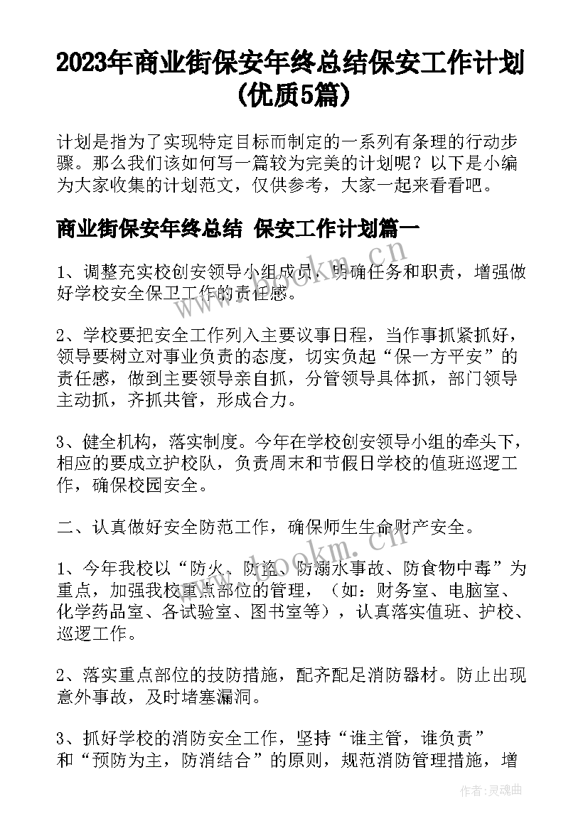 2023年商业街保安年终总结 保安工作计划(优质5篇)