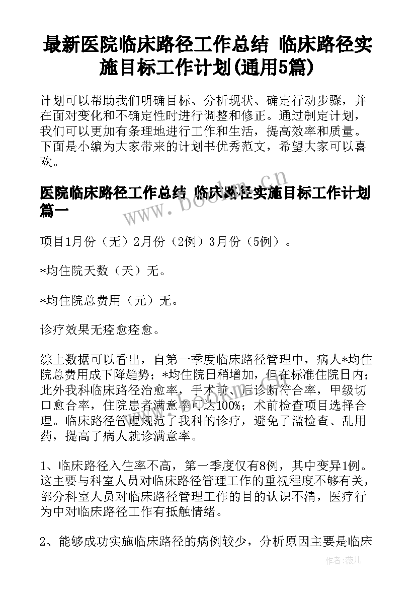 最新医院临床路径工作总结 临床路径实施目标工作计划(通用5篇)