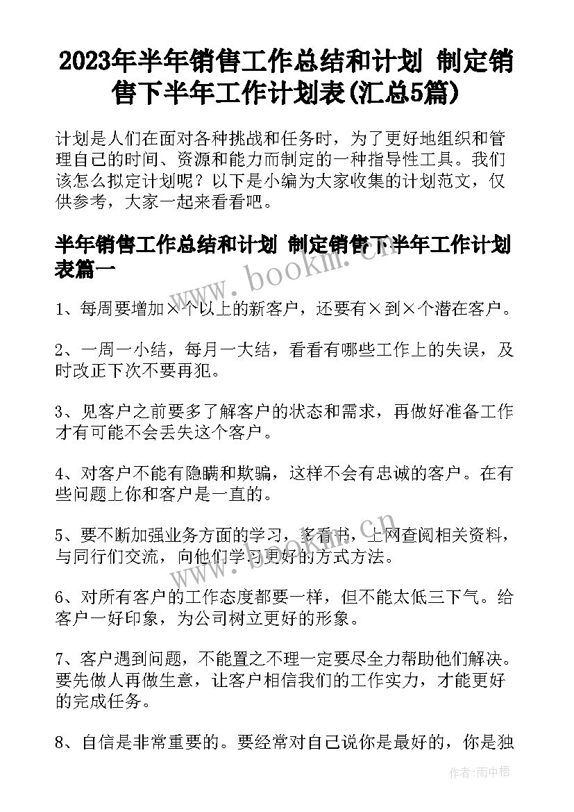 2023年半年销售工作总结和计划 制定销售下半年工作计划表(汇总5篇)