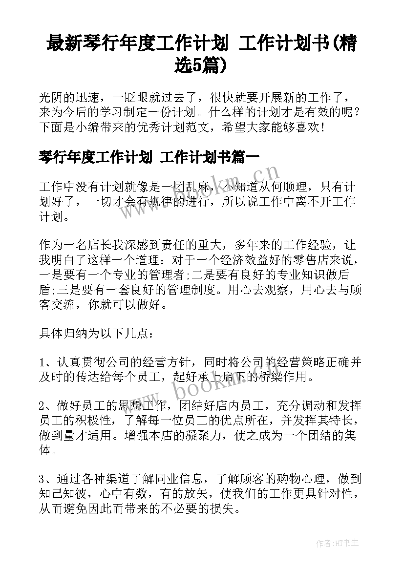 最新琴行年度工作计划 工作计划书(精选5篇)