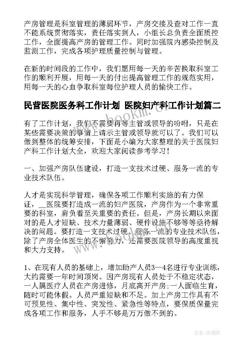 2023年民营医院医务科工作计划 医院妇产科工作计划(实用9篇)