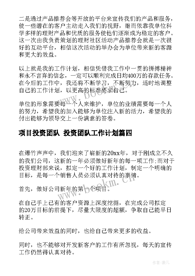 项目投资团队 投资团队工作计划(实用10篇)