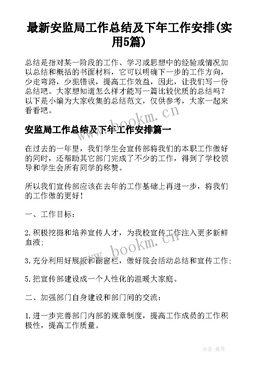 最新安监局工作总结及下年工作安排(实用5篇)