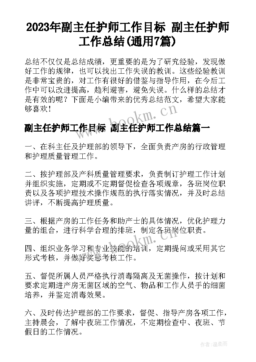 2023年副主任护师工作目标 副主任护师工作总结(通用7篇)