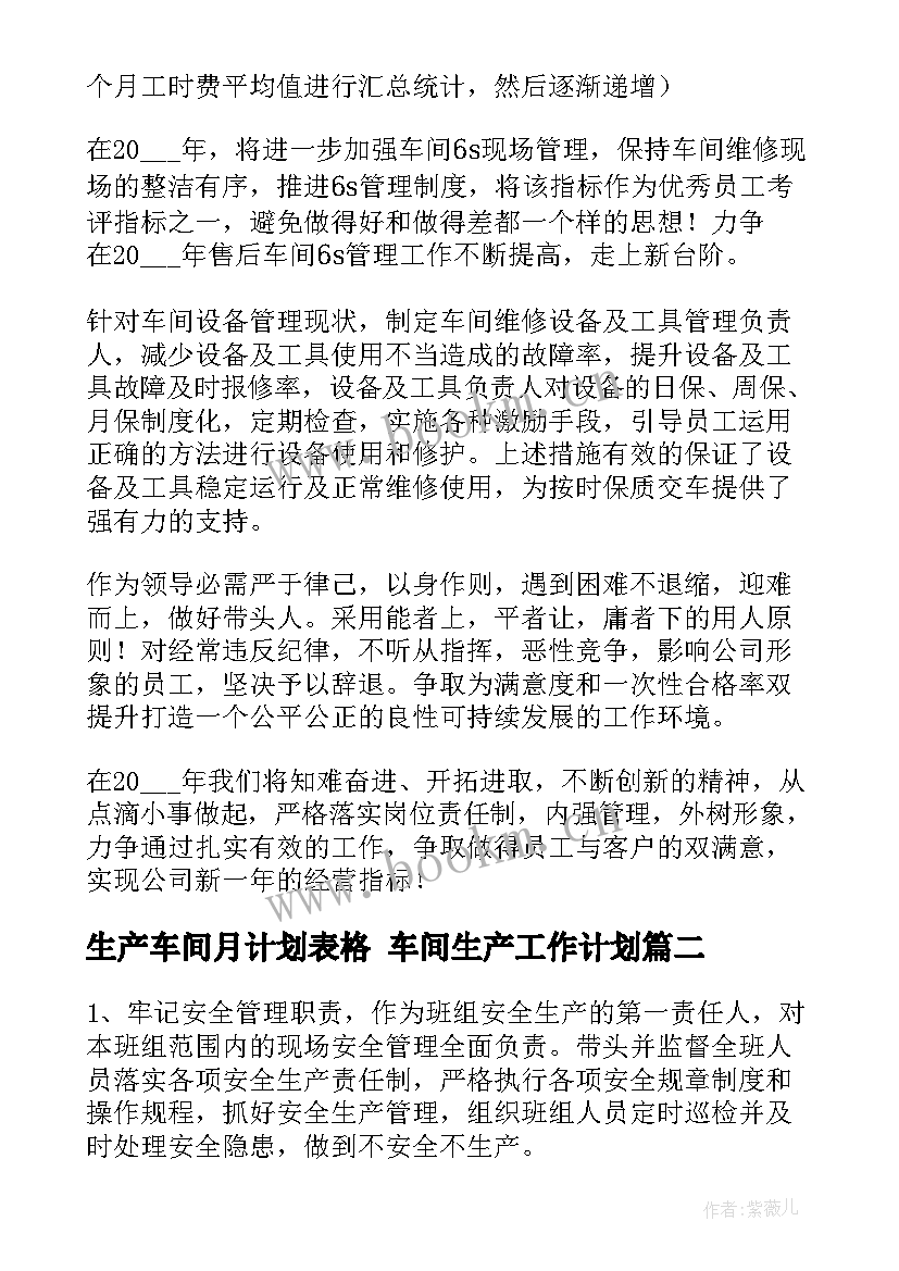 生产车间月计划表格 车间生产工作计划(精选7篇)