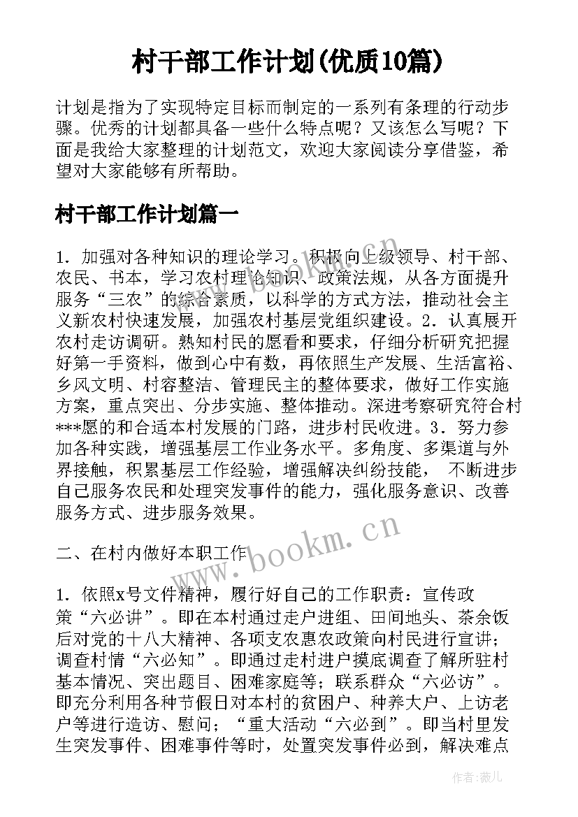 村干部工作计划(优质10篇)