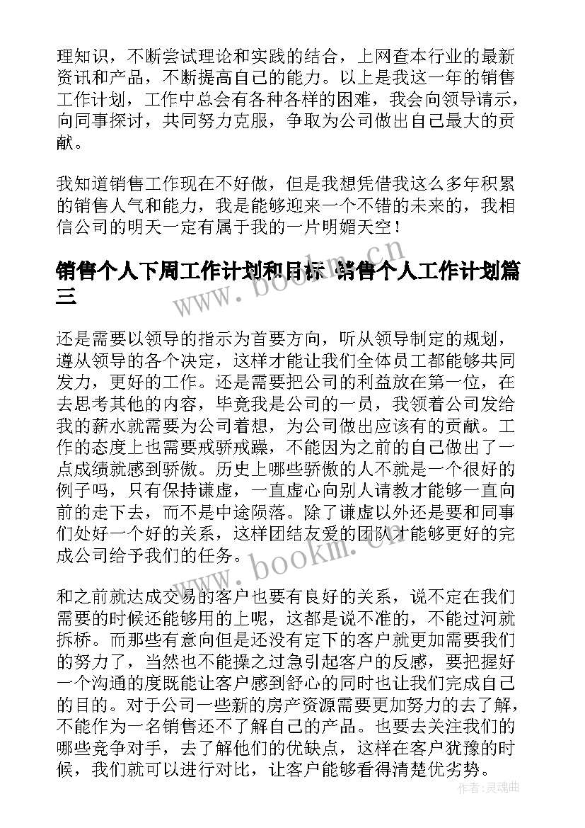 销售个人下周工作计划和目标 销售个人工作计划(通用9篇)