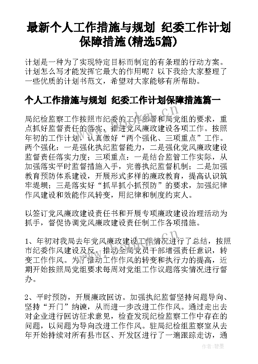 最新个人工作措施与规划 纪委工作计划保障措施(精选5篇)