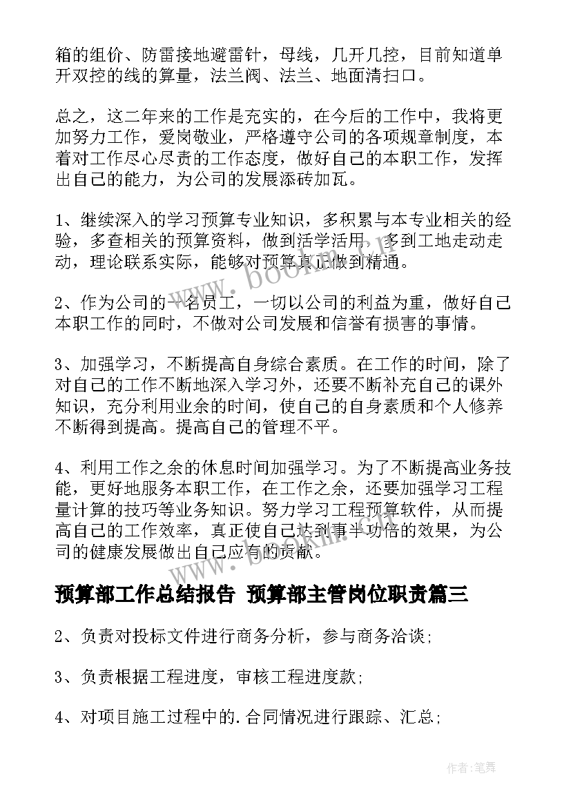 2023年预算部工作总结报告 预算部主管岗位职责(汇总10篇)