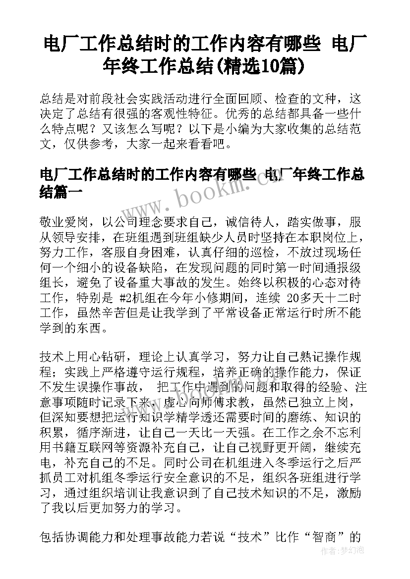 电厂工作总结时的工作内容有哪些 电厂年终工作总结(精选10篇)