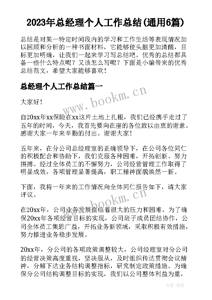 2023年总经理个人工作总结(通用6篇)