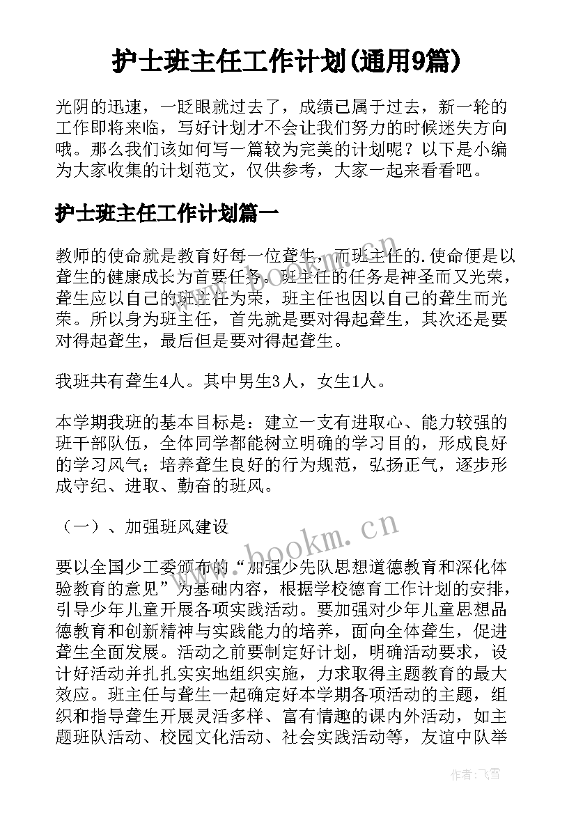 护士班主任工作计划(通用9篇)