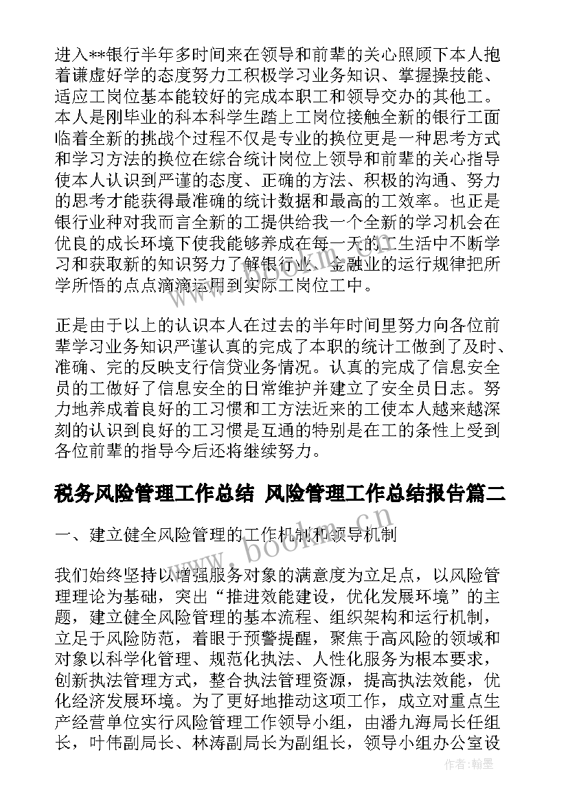 税务风险管理工作总结 风险管理工作总结报告(模板10篇)