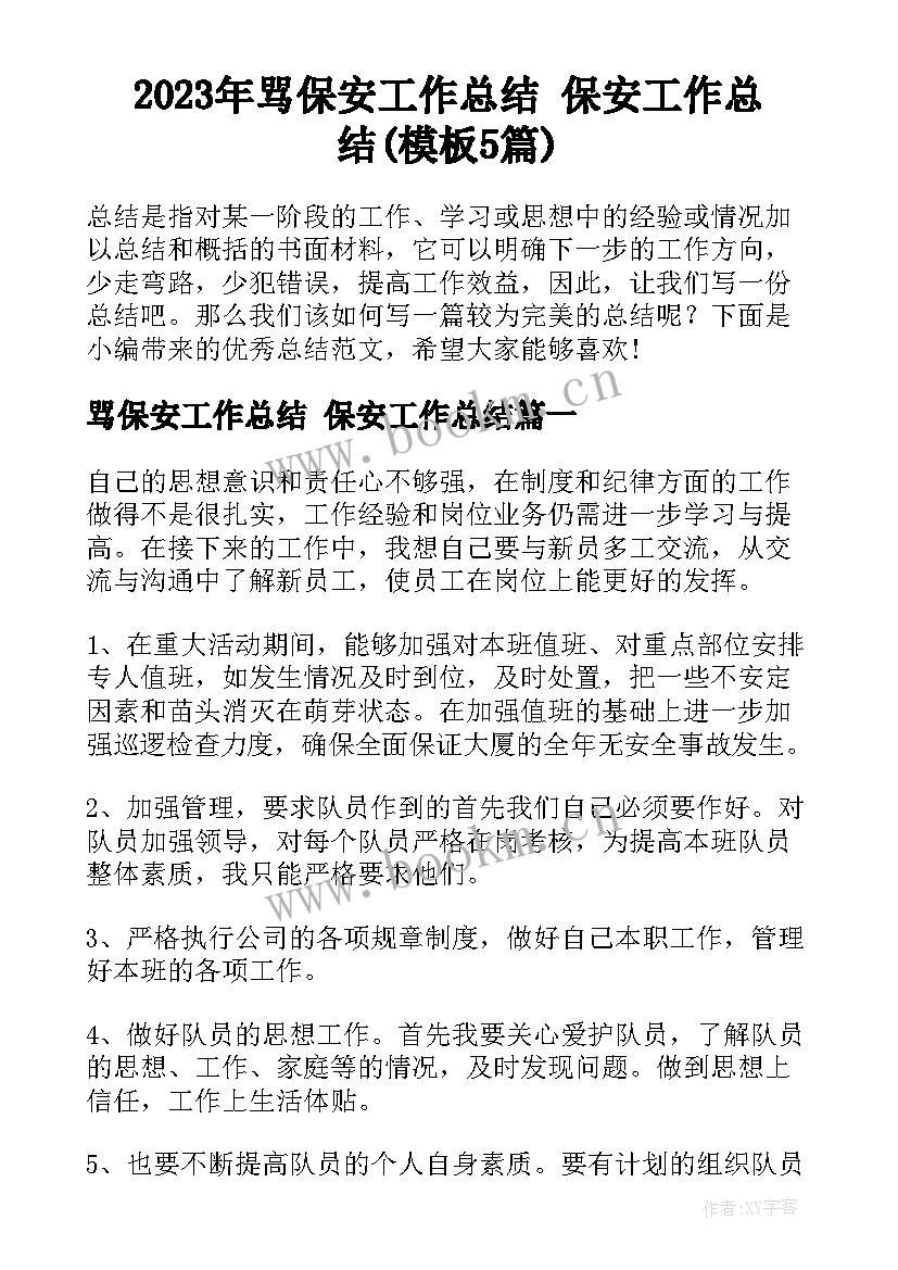 2023年骂保安工作总结 保安工作总结(模板5篇)