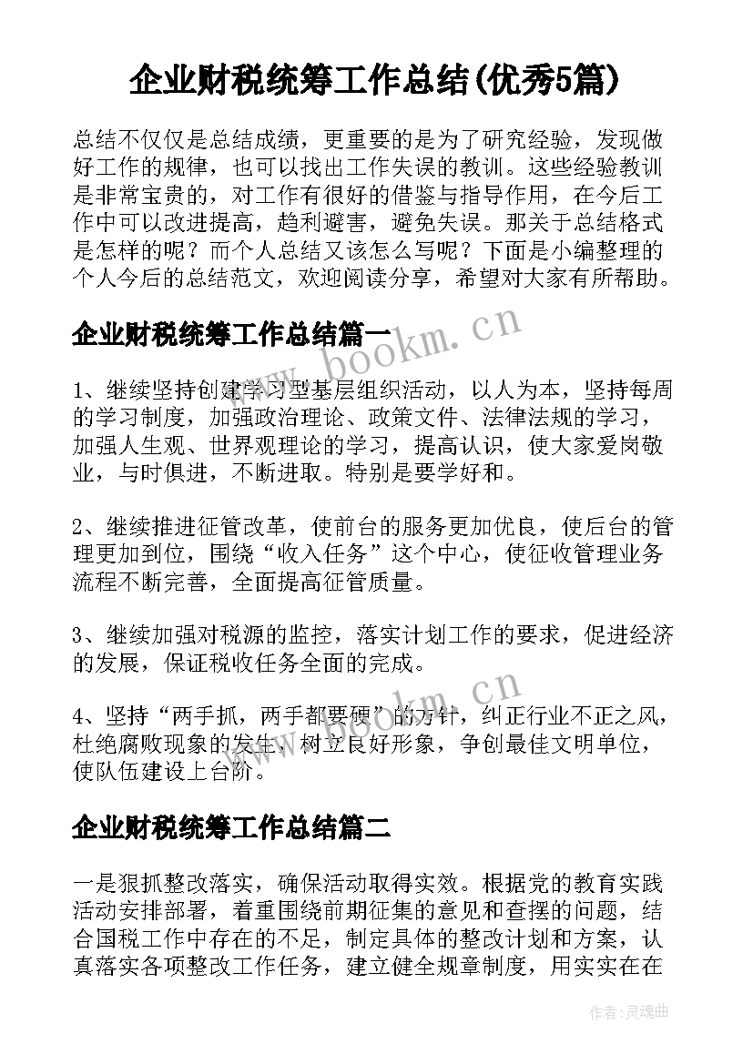 企业财税统筹工作总结(优秀5篇)