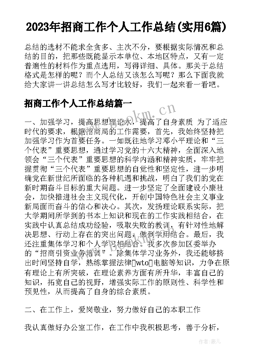 2023年招商工作个人工作总结(实用6篇)