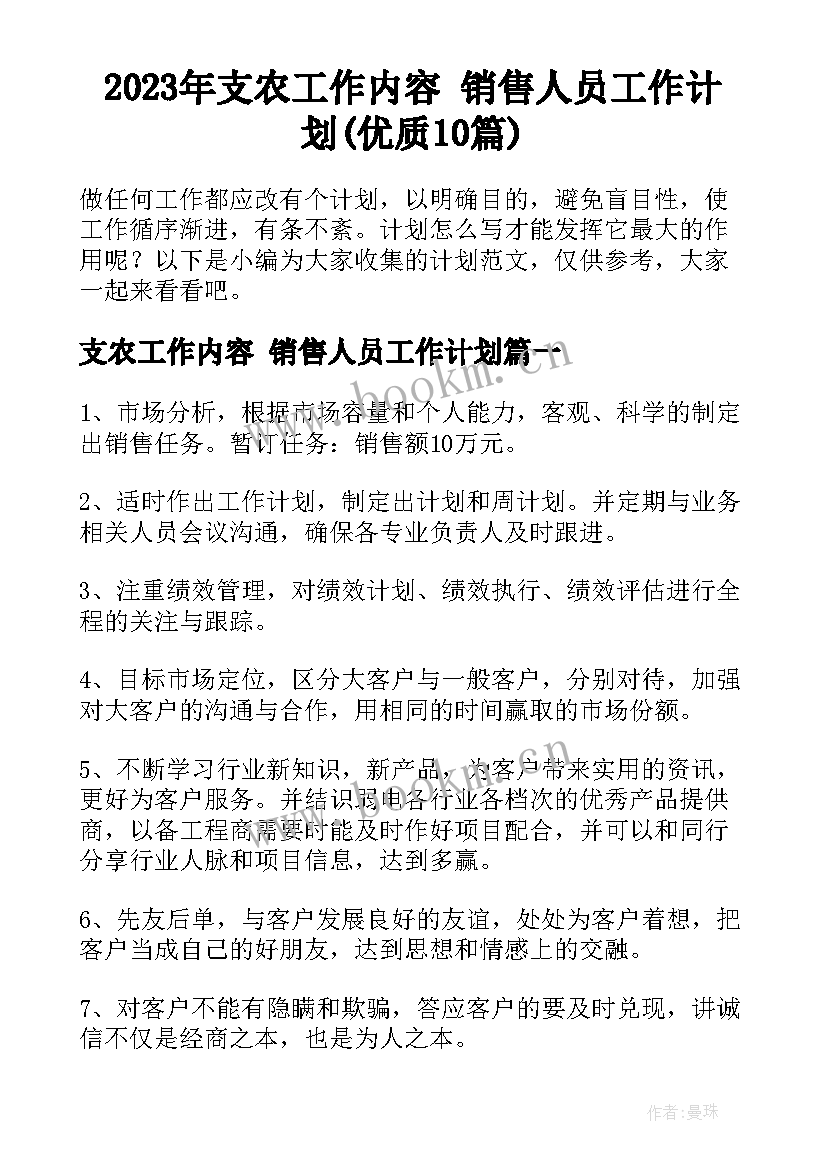 2023年支农工作内容 销售人员工作计划(优质10篇)