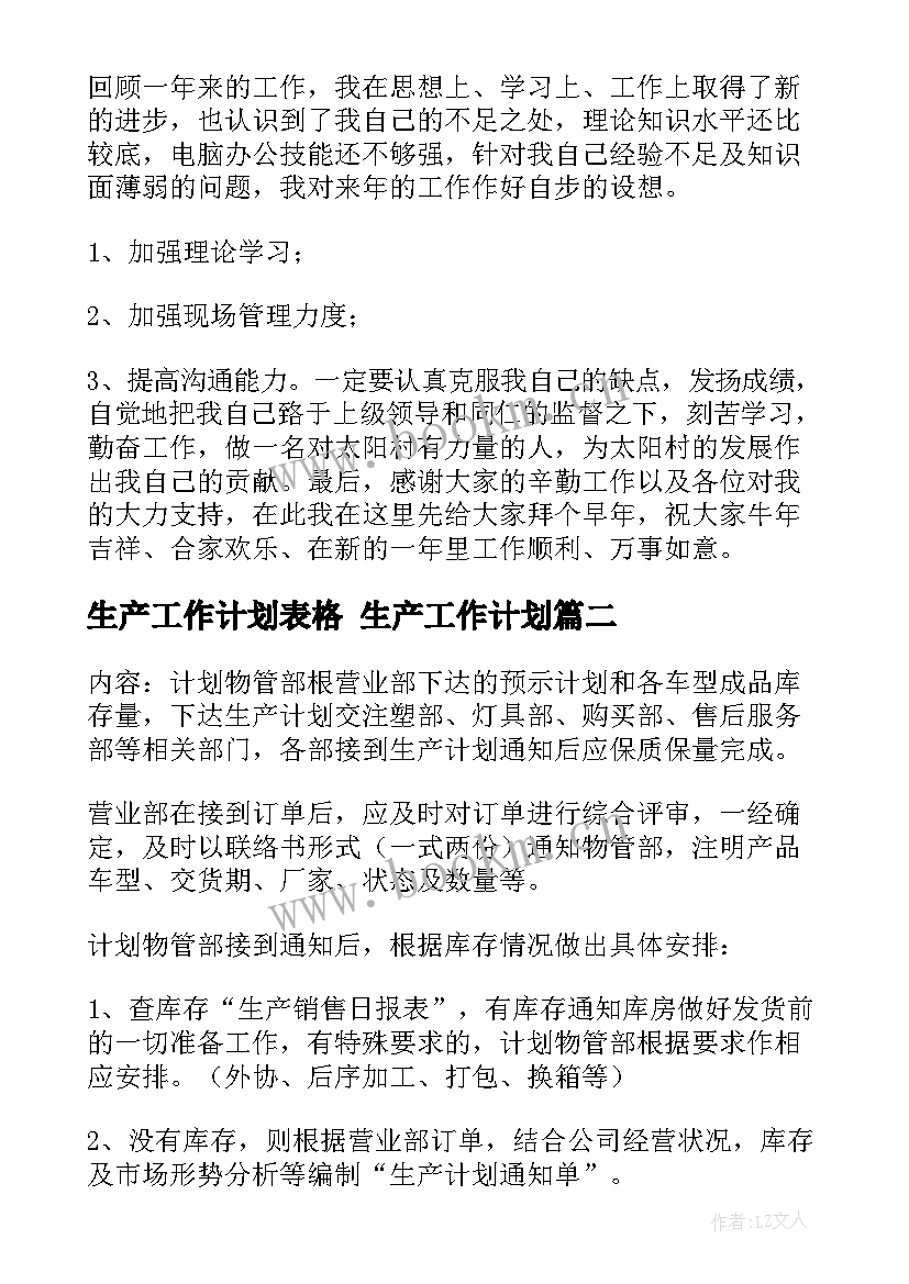 2023年生产工作计划表格 生产工作计划(优质8篇)