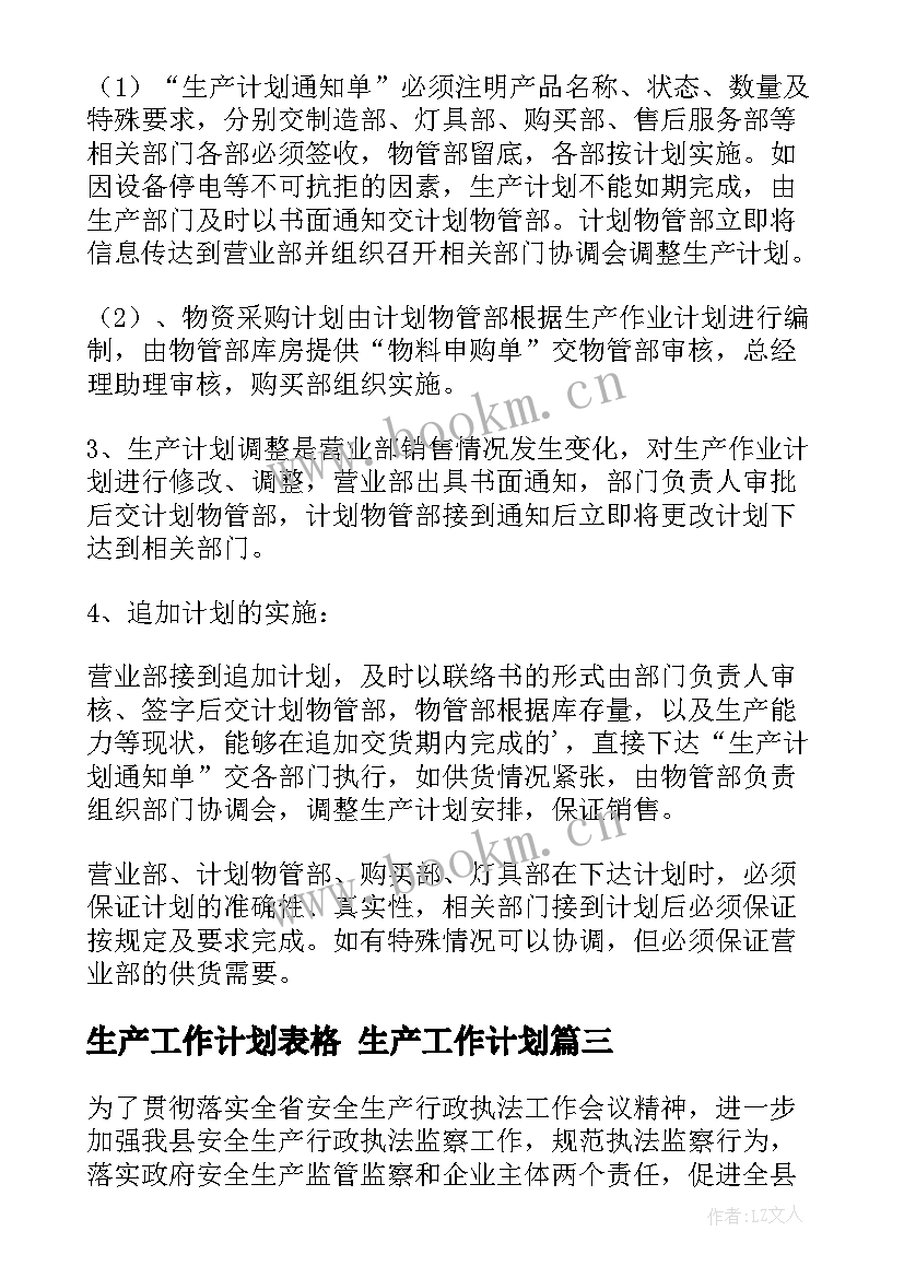 2023年生产工作计划表格 生产工作计划(优质8篇)