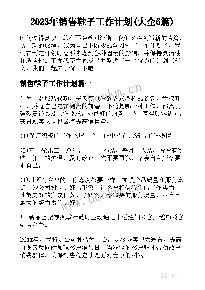 2023年销售鞋子工作计划(大全6篇)