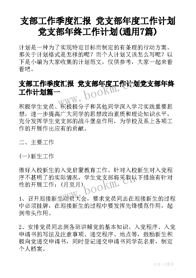 支部工作季度汇报 党支部年度工作计划党支部年终工作计划(通用7篇)