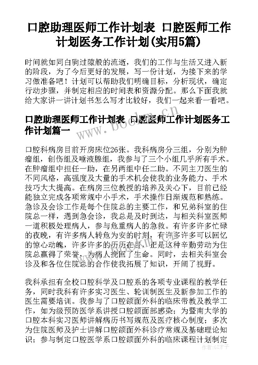 口腔助理医师工作计划表 口腔医师工作计划医务工作计划(实用5篇)