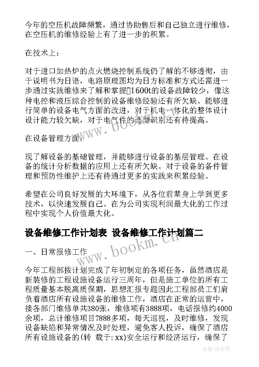 最新设备维修工作计划表 设备维修工作计划(通用9篇)