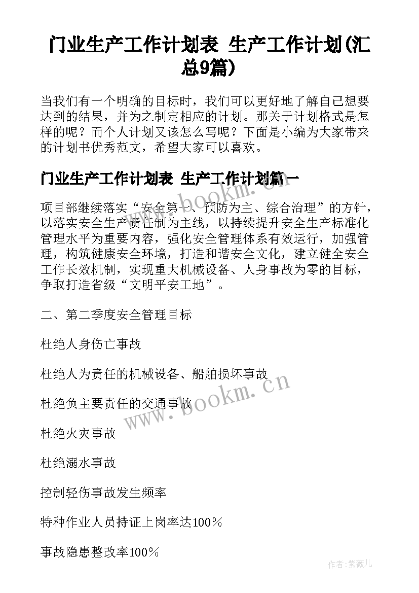 门业生产工作计划表 生产工作计划(汇总9篇)