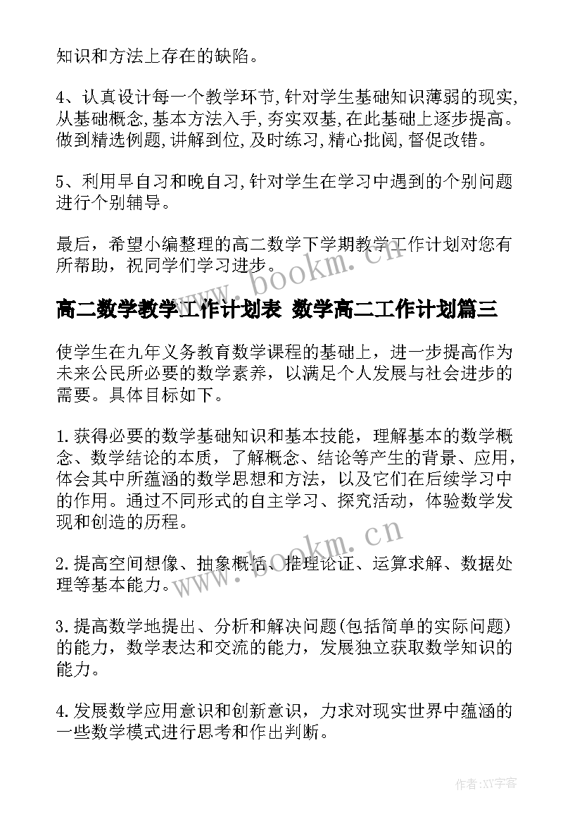 高二数学教学工作计划表 数学高二工作计划(优质8篇)