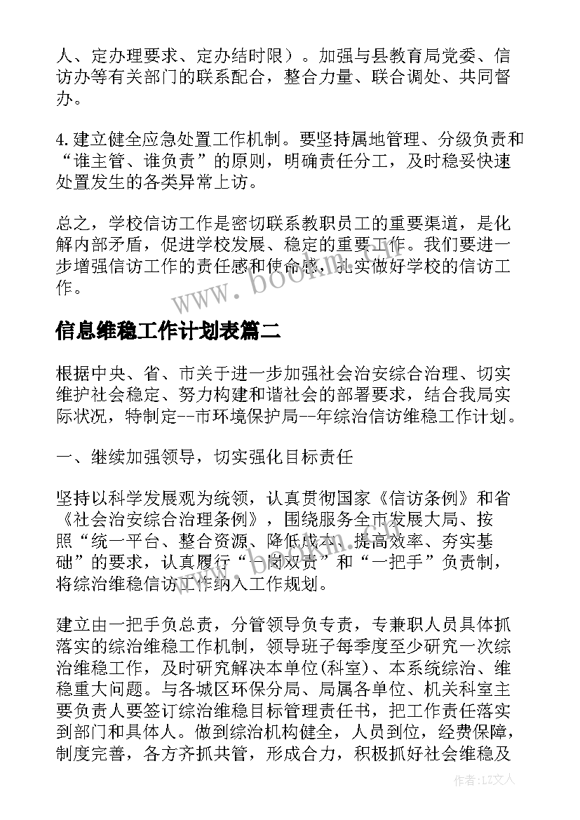 信息维稳工作计划表(汇总7篇)