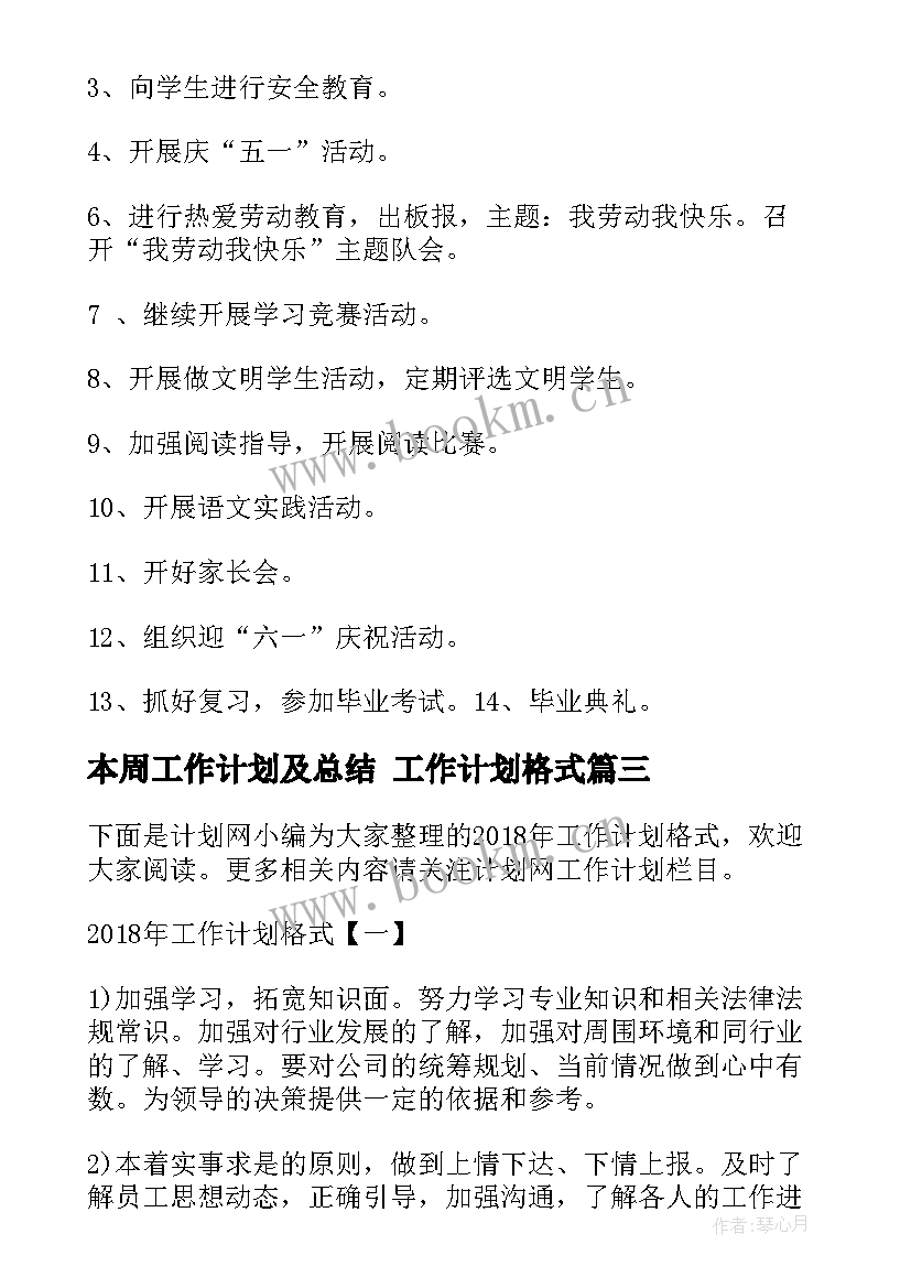 2023年本周工作计划及总结 工作计划格式(优质10篇)