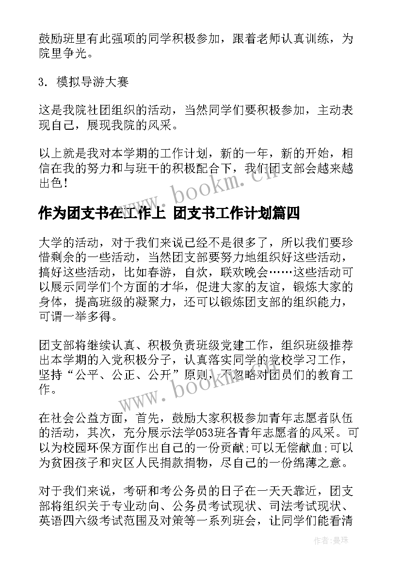 作为团支书在工作上 团支书工作计划(大全6篇)