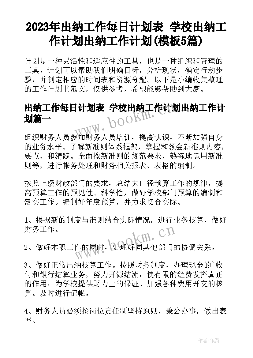 2023年出纳工作每日计划表 学校出纳工作计划出纳工作计划(模板5篇)