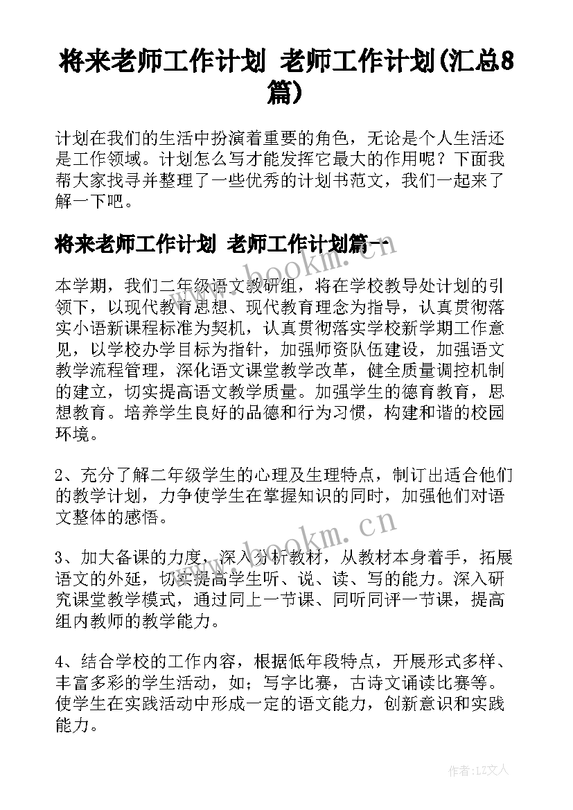 将来老师工作计划 老师工作计划(汇总8篇)