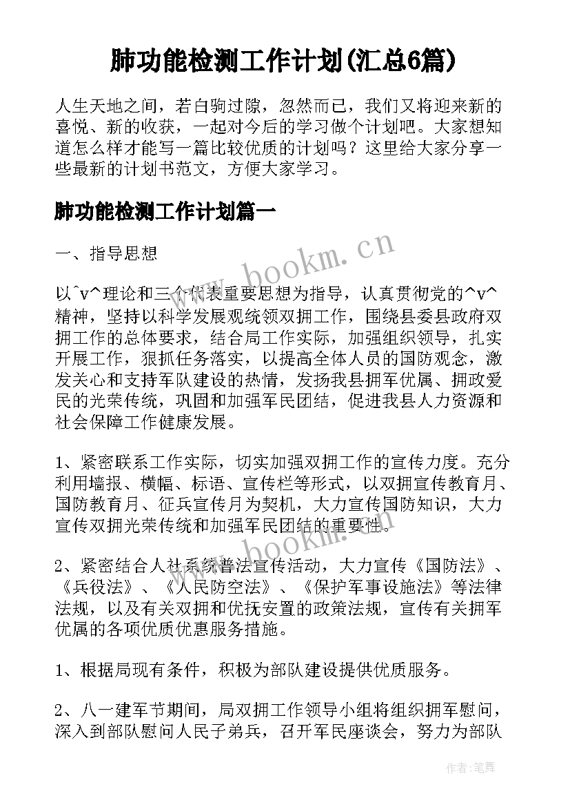 肺功能检测工作计划(汇总6篇)