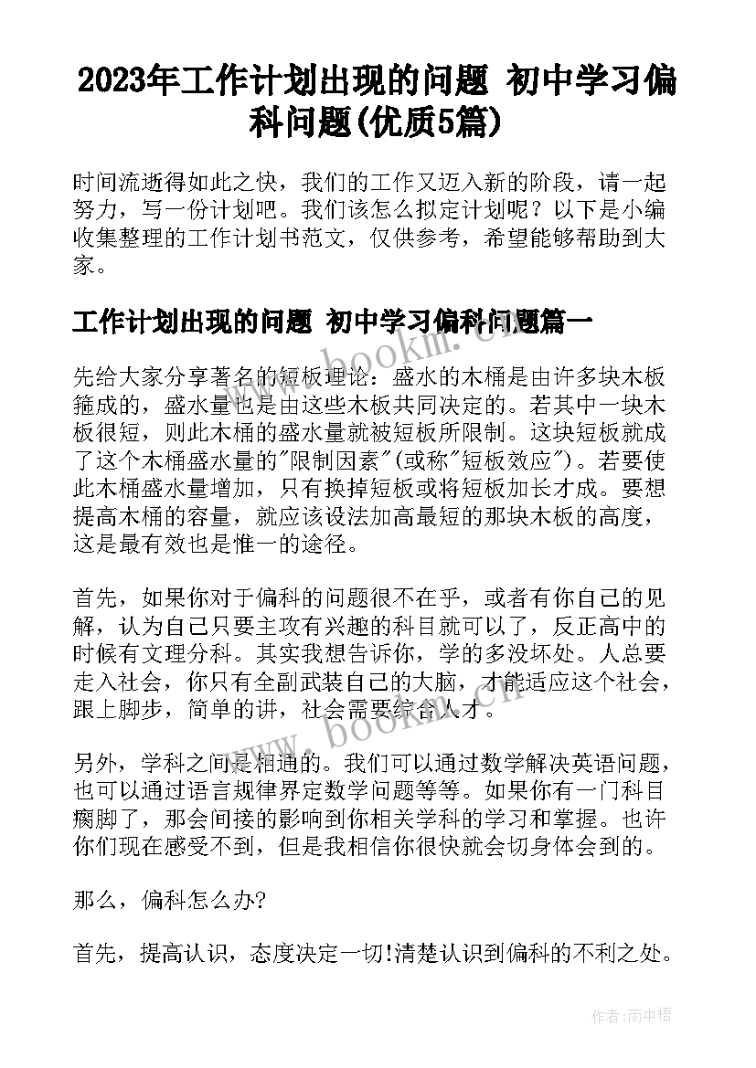 2023年工作计划出现的问题 初中学习偏科问题(优质5篇)