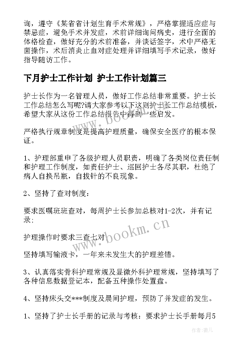 下月护士工作计划 护士工作计划(通用7篇)